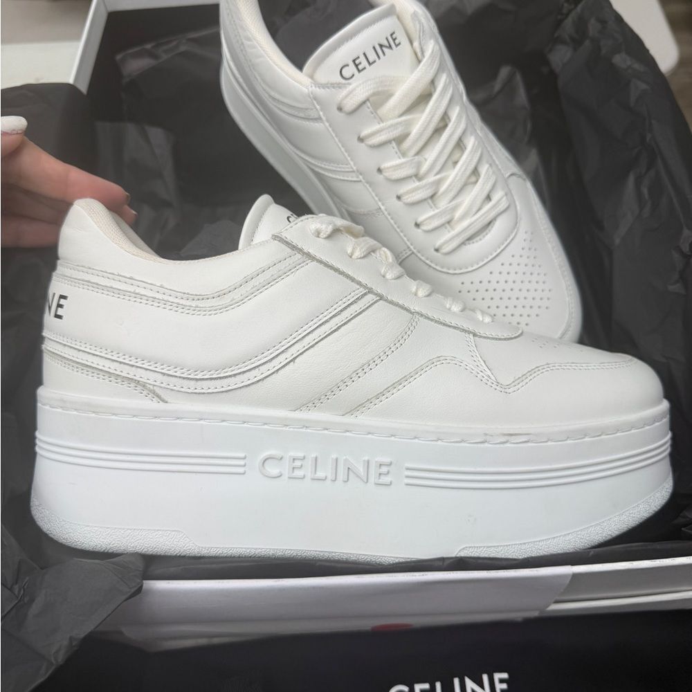 CELINE BLOCK SNEAKERS 50mm WEDGE OUTSOLE IN CALFSKIN Optic White Size 39 - Picture 7 of 10
